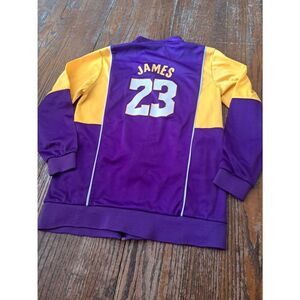 Youth Large Lakers #23 LeBron James Purple Yellow Zip Track Jacket with Pockets